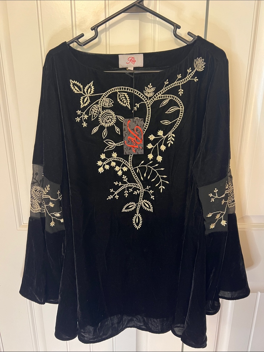 NWT! XL Roja Embroidered Black Velvet Tunic with Gold Floral Detail BEAUTY!